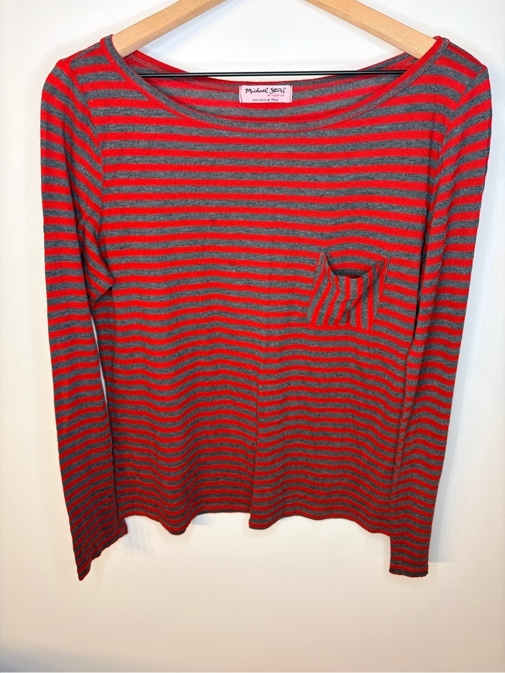 Michael Stars Women’s Gray and Red Stripe Long-Sleeve Boat Neck Tee, One Size